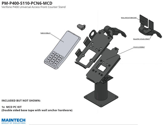 The MainTech99 Verifone P400 Universal Access Debit Terminal Mounting Stand for the Front Counter includes components like a wall mount bracket, cable clip, rotating head, and stand assembly. Extra hardware is also included but not shown.