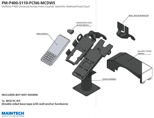 Illustrated diagram of the MainTech - Verifone P400 Universal Access Debit Terminal Mounting Stand by MainTech99, ideal for Walmart/Food Court. Includes pad overlay, mounting stand, Kensington lock, wall anchor bracket, security cover, and stand assembly. MCD PC kit included but not shown.