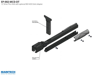 Exploded view of MainTech99’s 16” Drive Thru Stick and optional RED MCD Stick Adapter for Verifone P400 Debit Terminal Mounting Bracket, showing labeled parts and screws. MainTech99 logo appears in the bottom left corner.