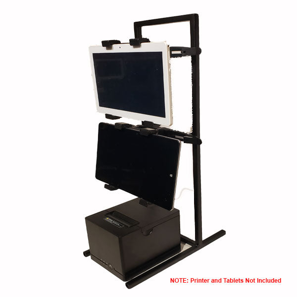 The PCPOS Tablet Tower by PCPOS Systems holds up to three 7-10" tablets vertically with TabDock holders, ideal for POS or delivery apps. Small printer shown on base. White background. Note: Printer and tablets not included.