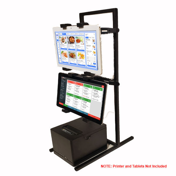 The PCPOS Tablet Tower by PCPOS Systems is a black metal POS clamp mount that holds up to three 7–10" tablets vertically, perfect for delivery apps and POS use. Shown with printer and tablets, which are not included.