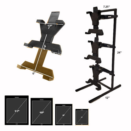 Two stands are shown: a PCPOS Tablet Tower POS Clamp Mount with 3 TabDock Holders for 7-10" tablets, ideal for multiple delivery apps (DoorDash, Uber Eats), and a single-slot stand. Images of various tablet sizes are included for reference.