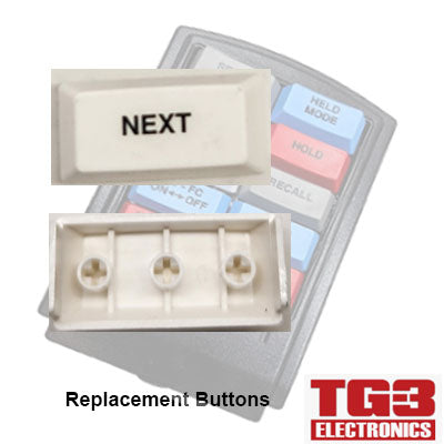 A close-up of a white, rectangular NEXT button for TG3 Bump Bar Key Caps (ENGLISH) by PCPOS Systems A2 shows its connectors. A blurred keypad with colored buttons and the text Replacement Bump Bar Buttons is in the background near the TG3 Kitchen logo.