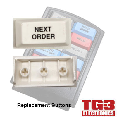 TG3 Bump Bar Key Caps (ENGLISH) by PCPOS Systems A2, featuring a NEXT ORDER button. Image shows the buttons back with three inserts. In the background, a blurred Drive-Thru Kitchen Video System with colored buttons and TG3 Electronics logo is visible.