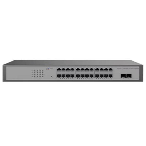 The PCPOS Systems 24 Ports Web Smart Managed Gigabit PoE Switch features 24 Ethernet ports, 2 SFP-RJ45 uplink ports, and rack-mount design for seamless network connectivity and VLAN support in offices or data centers.