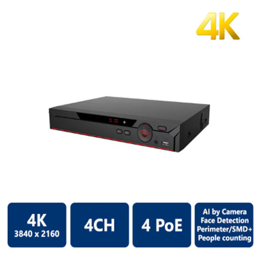 The AMI 4 Channel Compact 1U 4PoE 4K&H.265 NVR is a black network video recorder with control buttons, indicator lights, and USB ports. Features: 4K output, 4 channels, 4 PoE ports, ONVIF camera support, and advanced AI camera functions.