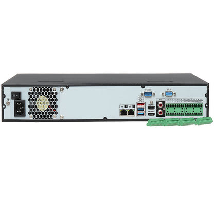 The image shows the rear view of the AMI 32CH 1.5U 4HDDs Network Video Recorder, featuring USB, Ethernet, VGA, audio, RS232 ports, power connector, ventilation fan, and green terminal blocks.