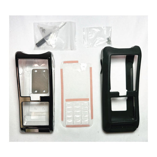 The MainTech99 Verifone P400 Hardshell Assembly Kit includes black front and back covers, a transparent keypad, and two small bags with screws and tools—perfect for POS terminal case upgrades—displayed on a white background.