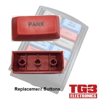 Image of a red PARK button for TG3 Bump Bar Key Caps (ENGLISH) by PCPOS Systems A2, perfect for Drive-Thru Kitchen Video Systems. Features the TG3 Electronics logo, labeled as Replacement Buttons.