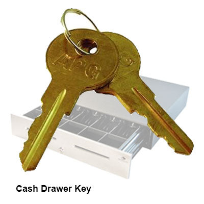 Two brass APG cash drawer keys on a keyring sit in front of a partially visible drawer. Text reads APG Cash Drawer Key A2 Lock (Package 2 Keys) by PCPOS Systems A1, suggesting easy security for your valuables.