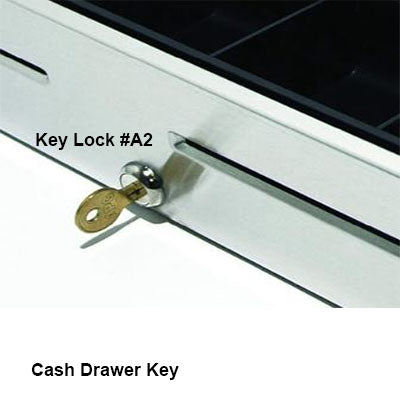 A close-up shows an APG Cash Drawer Key A2 Lock with a Key A2 inserted, marked Key Lock #A2, alongside the brand name PCPOS Systems A1. The partially open drawer reveals a black compartment. Text below reads, Cash Drawer Key.