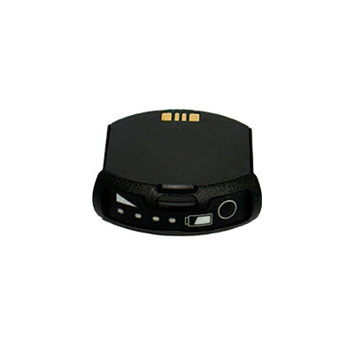 A compact, black rectangular RF99 rechargeable battery with a curved top and two gold connectors on the surface. It has several buttons and a circular component, designed for the 3M/PAR G5 Drive-Thru Headset System.