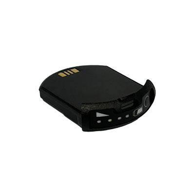 The black, rectangular RF99 battery has a rounded edge and gold-contact connector, resembling a component for the 3M/PAR G5 Drive-Thru Headset System or other compact devices.