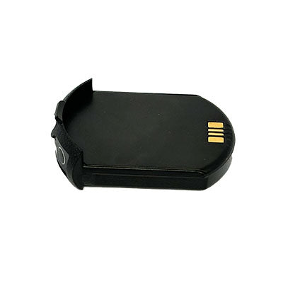 A compact, black, oval-shaped wireless earbud charging case component from RF99 Brand, featuring three gold charging connectors and a battery slot to hold an earbud securely, resembling the seamless design of a 3M/PAR G5 Drive-Thru Headsets rechargeable battery.