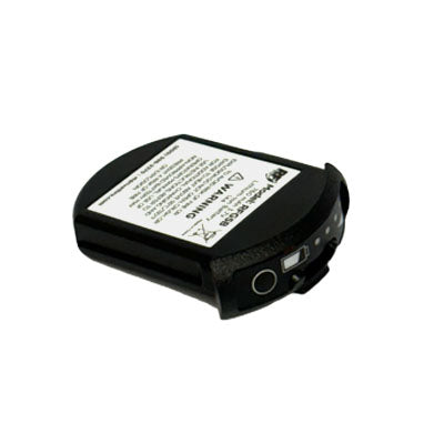 The RF99 compact black rechargeable battery, designed for the 3M/PAR G5 Drive-Thru Headset System, features a label with RF Brand text and symbols. Its rounded edges and side connections ensure seamless device integration.