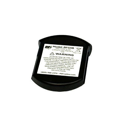 A black RF99 lithium-ion battery, labeled Model: RFG5B, warns about fire, high temperatures, and improper disposal. Designed for your 3M/PAR G5 Drive-Thru Headset System, it includes a recycling symbol and contact info at the bottom.