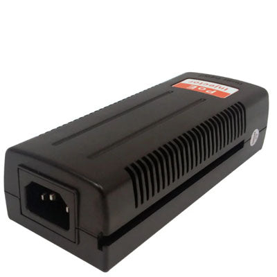 The INF99 1-Channel 10/100/1000M PoE Injector - 30W is a black, rectangular device with side ventilation grooves and a power input port. Compliant with IEEE 802.3af/at, its ideal for powering IP security cameras and features a label on top reading PoE Injector.