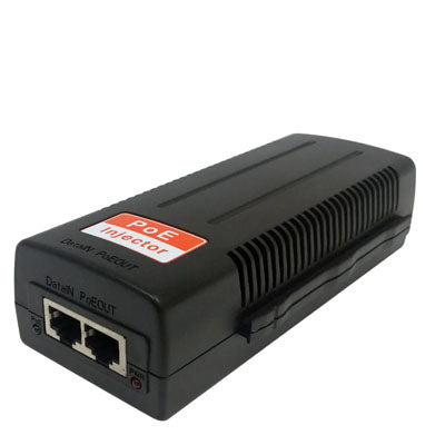 The INF99 1-Channel 10/100/1000M PoE Injector (30W) in black is perfect for IP security cameras, featuring Data and PoE Out ports. Its ribbed rectangular shape has a top sticker reading PoE Injector, ensuring IEEE 802.3af/at compliance.