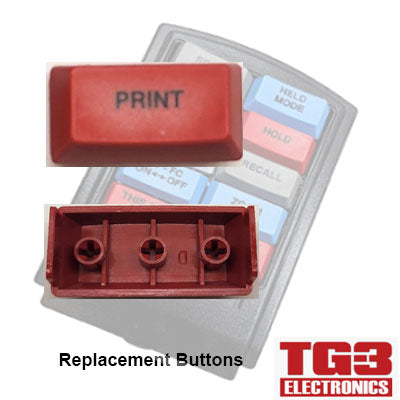 Close-up of a red PRINT button beside a rectangular case with three attachment points. A keypad with various colored buttons is in the background. Text reads TG3 Bump Bar Key Caps (ENGLISH) and PCPOS Systems A2 with a logo, ideal for your Drive-Thru Kitchen Video System.