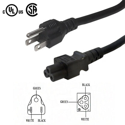 The image shows a black INF NCR PART #: 1449-C115-0037 Ithaca 8000 straight blade power cord (12 feet) with matching connector, wiring diagrams for green, white, and black prongs, plus UL and CSA certification logos in the top left.