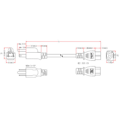 Technical drawing of INF NCR PART #: 1449-C115-0037 Ithaca 8000 straight blade power cord, 12ft UL approved, showing side/top views of NEMA 5-15P plug and IEC 320 C5 connector with measurements labeled in millimeters.