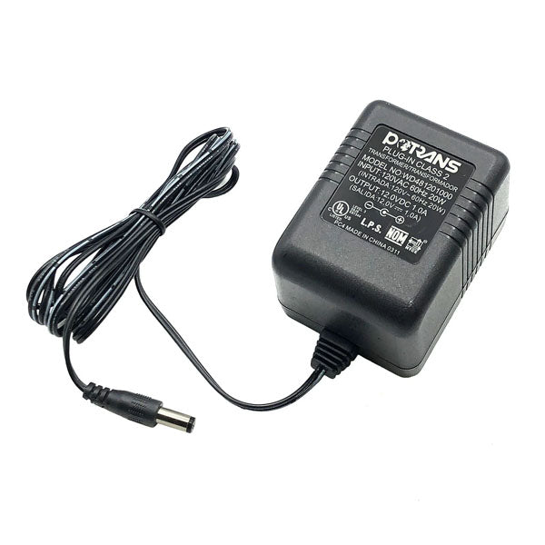 USED Like New Protran Power Supply delivers a reliable 12V 1.0A 20W output from a 120VAC 60Hz input; features an attached cable with cylindrical plug and technical details labeled on top.