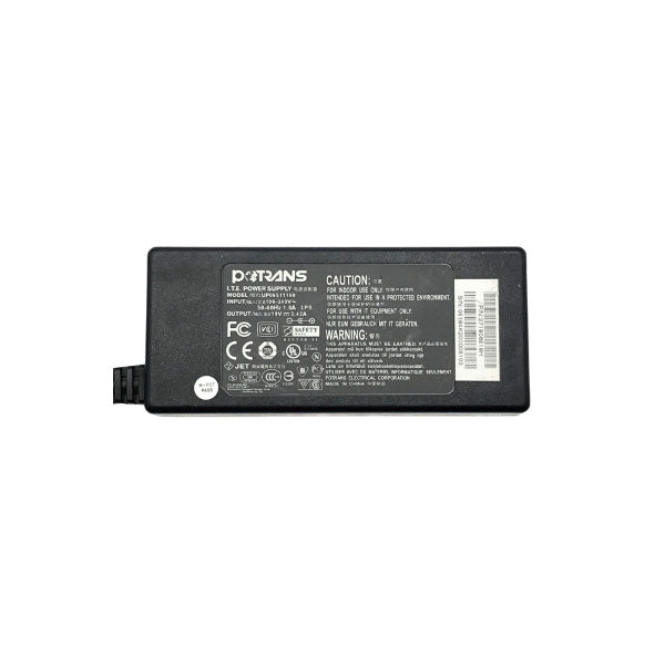 A rectangular black USED Like New Protran Power Supply (Input: 100-240V 1.6A 60Hz, Output: 19V 3.16A 60W) features technical details, certification icons, caution and warning notices, and a barcode sticker on its surface.
