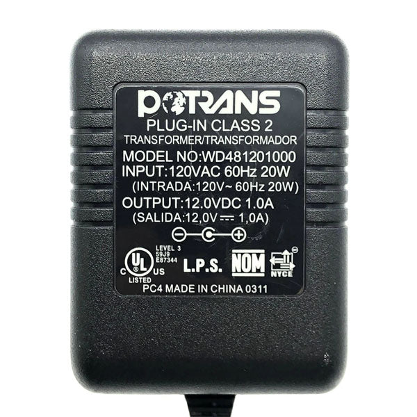 A close-up of a USED Like New Protran Power Supply shows its specs: input 120VAC 60Hz, output 12V 1.0A (20W), plus certification logos.