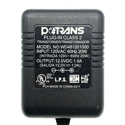 A close-up of a USED Like New Protran Power Supply shows its specs: input 120VAC 60Hz, output 12V 1.0A (20W), plus certification logos.