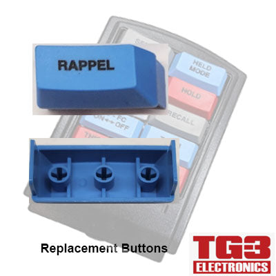 An image shows blue TG3 Bump Bar Key Caps (FRENCH) by PCPOS Systems A2, one labeled RAPPEL, with a Drive-Thru Kitchen Video System keypad in the background.