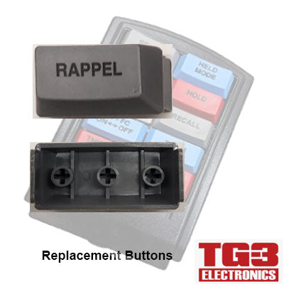 Close-up of a RAPPEL TG3 Bump Bar Key Cap (FRENCH) by PCPOS Systems A2, shown from top and bottom views. It features three positioning pegs, suitable for Drive-Thru Kitchen Video Systems. Background includes a partial view of a keypad with the TG3 Electronics logo.