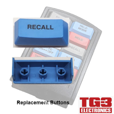 Image of a blue TG3 Bump Bar Key Cap labeled RECALL with its underside visible. A colorful-button keypad appears partially in the background. The words Replacement Bump Bar Key Caps and the PCPOS Systems A2 logo for Drive-Thru Kitchen Video Systems are at the bottom.