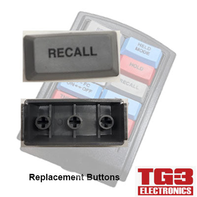 A close-up shows a gray rectangular button labeled RECALL with three screw holes on the back. The background features a device with various colored buttons. Text reads TG3 Bump Bar Key Caps (ENGLISH), perfect for TG3 Kitchen and Drive-Thru Systems by PCPOS Systems A2.