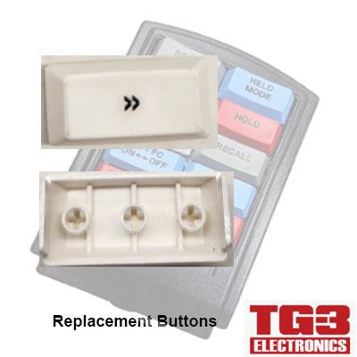 Two views of a white rectangular button with a double arrow symbol are displayed alongside colorful buttons on a TG3 Kitchen Video System. Text reads Replacement Bump Bar Buttons and PCPOS Systems A2: TG3 Bump Bar Key Caps NUMBERS, BLANK & SYMBOL.