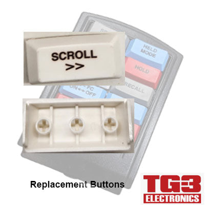 The image shows a TG3 Bump Bar Key Cap labeled SCROLL >> for a drive-thru kitchen video system with various colored buttons. Background buttons read HOLD MODE, HOLD, and RECALL. The PCPOS Systems A2 logo is prominently displayed at the bottom.