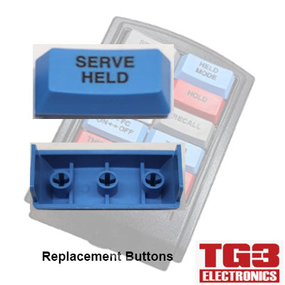 Image of TG3 Bump Bar Key Caps by PCPOS Systems A2. The main blue button says SERVE HELD, ideal for a Drive-Thru Kitchen Video System, with additional red and blue buttons completing this essential kitchen solution.