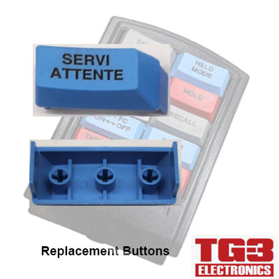 A blue TG3 Bump Bar Key Cap labeled SERVI ATTENTE for PCPOS Systems A2 has three interior attachment points, a keypad in the background with HOLD and RECALL, and displays Replacement Bump Bar Buttons and TG3 ELECTRONICS in red.