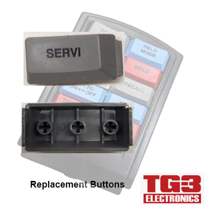 Close-up of a TG3 Bump Bar Key Cap labeled SERVI by PCPOS Systems A2, showcasing its reverse side with three screw holes. In the background, a keypad and TG3 Electronics logo appear above the text Replacement Bump Bar Buttons.