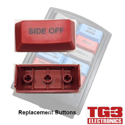 Close-up of a red PCPOS Systems A2 TG3 Bump Bar Key Cap labeled SIDE OFF, viewed from top and bottom. In the blurred background, a keypad hints at its use in drive-thru video systems. Text reads TG3 Electronics and Replacement Buttons with the companys logo.