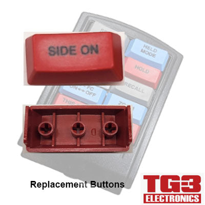 Close-up of a red replacement button labeled SIDE ON with three attachment points. In the background, a drive-thru kitchen video system keypad with colorful buttons is visible. Text reads TG3 Bump Bar Key Caps (ENGLISH) by PCPOS Systems A2.