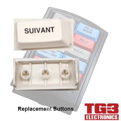 Close-up of a TG3 Bump Bar Key Cap labeled SUIVANT for PCPOS Systems A2. This white key cap with black text has three circular attachment points on the back, while a blurred keypad and TG3 ELECTRONICS are visible in the bottom right corner.