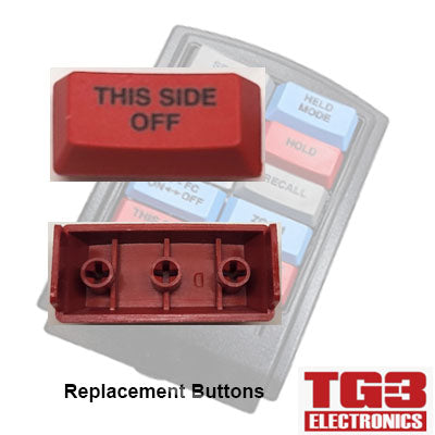 Image of red replacement button covers for TG3 Kitchen setups by PCPOS Systems A2. The top cover reads THIS SIDE OFF with three attachment points underneath, set against a backdrop featuring other buttons and TG3 Electronics text, designed for the Drive-Thru Kitchen Video System.