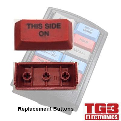 A red TG3 Bump Bar Key Cap from PCPOS Systems A2, with THIS SIDE ON text, shown individually and in a Drive-Thru Kitchen Video System among other buttons. The background displays a faint keypad outline, featuring the Replacement Bump Bar Buttons text and the TG3 ELECTRONICS logo.