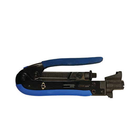 The INF TLH-200 Compression Tool for F-Type connectors (RG59, RG6, RG11) features black metal and blue rubberized handles, shown on a white background.