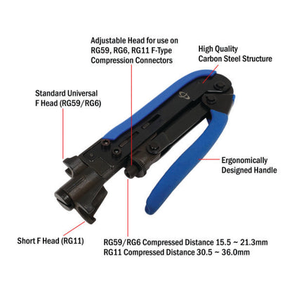 The INF TLH-200 Compression Tool for F-Type Connectors features an ergonomic blue handle, carbon steel build, adjustable head, and set compression distances for RG59, RG6, and RG11 coaxial cables.