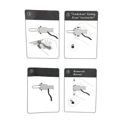 Four illustrated panels show how to use and remove the INF Bix Test Probe Clip (BIX17A): insert needle, test while locked, tag, and release with a button. Instructions appear in English and French.