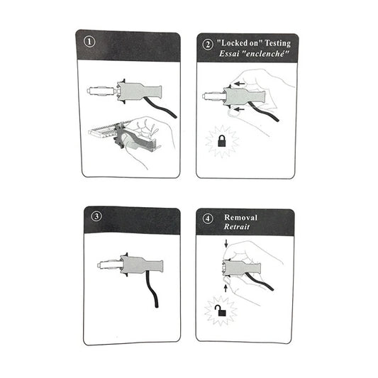 Four illustrated panels show how to use and remove the INF Bix Test Probe Clip (BIX17A): insert needle, test while locked, tag, and release with a button. Instructions appear in English and French.