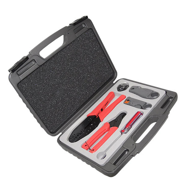 The INF RF Crimp/Strip Tool Kit features a black plastic case with a molded white insert, neatly holding pliers, screwdriver, wrenches, utility knife, and ratchet crimper—all with red handles.