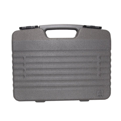 The INF RF Crimp/Strip Tool Kit comes in a durable, textured black plastic case with a handle, two top latches, and front ridges—perfect for safe storage and transport.