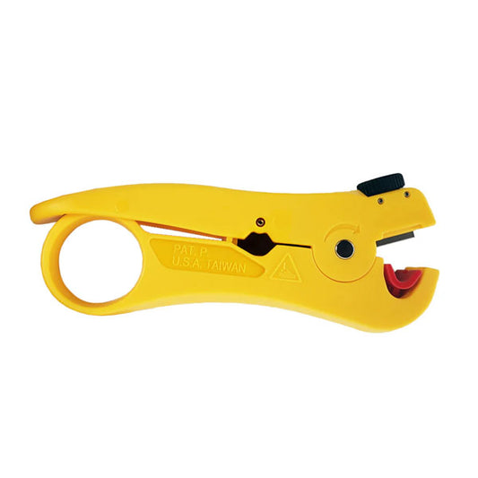 The INF Adjustable Cable Jacket Strip Tool for CAT3, CAT5e, CAT6, CAT6A, and CAT7 networking cables features a yellow body with a circular handle, adjustment knob, and cutting slot shown against a white background.